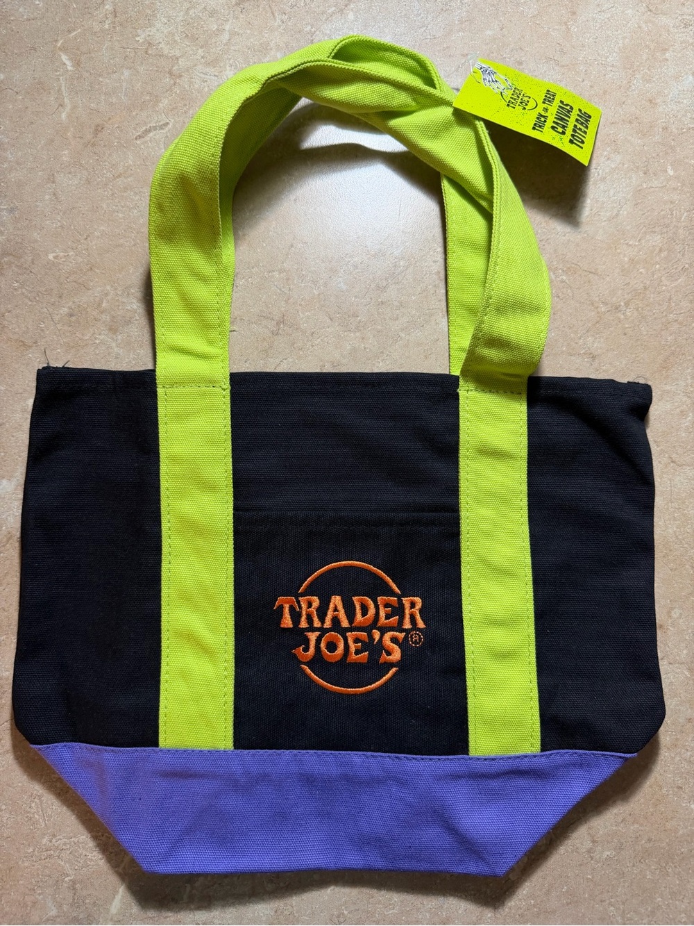 Trader Joe's Halloween Mini Canvas Tote Bag Black Lime Purple Orange NWT